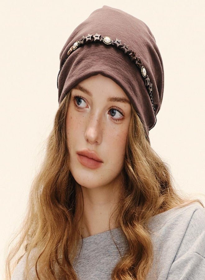 KORADI Women's Slouchy Beanie Hat Retro Stars Tassel Skull Cap Y2K Stylish Beanies Bonnet Stretch Hip-Hop Headwear Coffee - Image 3